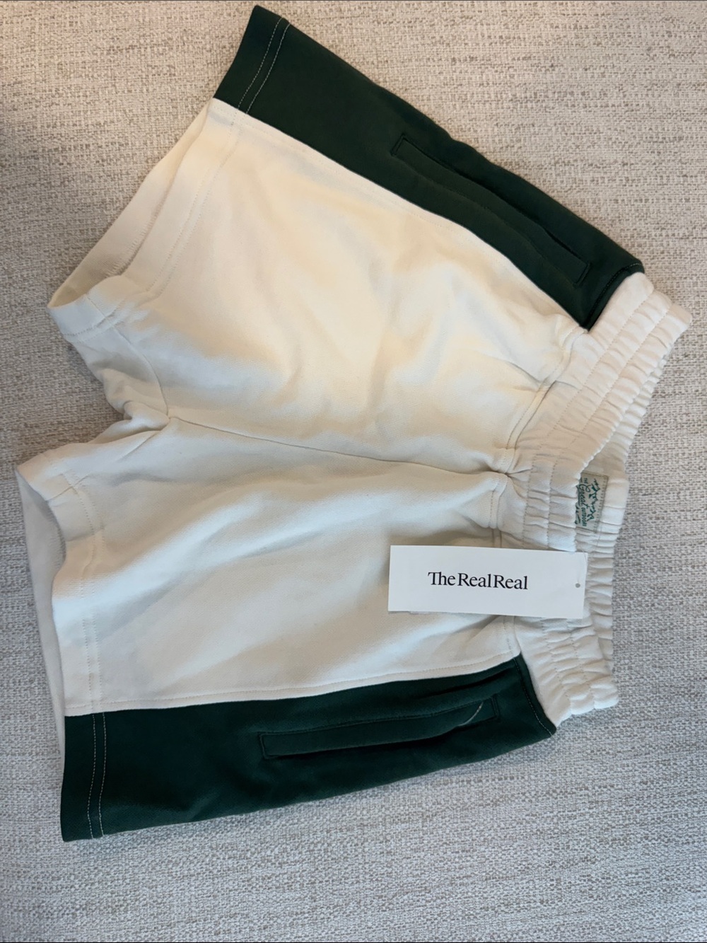 The Great Outdoors brand! Two-Tone Cream and Dark Green Athletic Shorts.